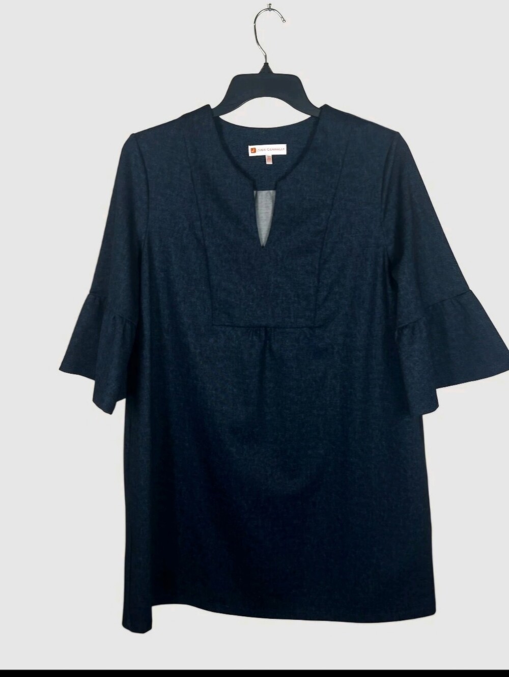 Jude Connally V Neck Navy Blue Denim Look Dress with Bell Sleeves & Pockets. XL.